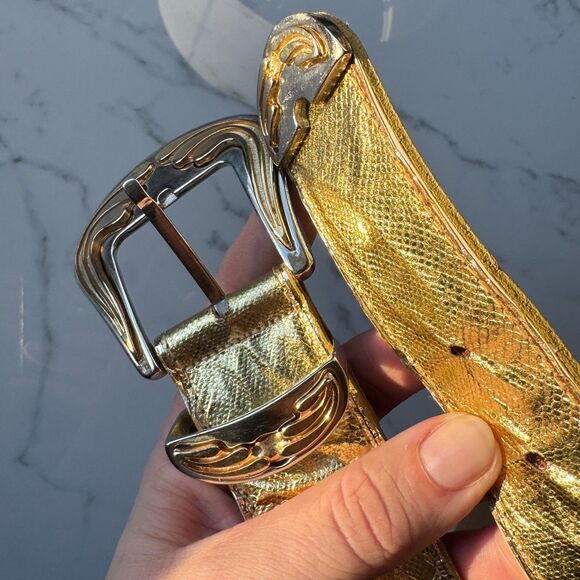 Vintage Emmanuel Genuine Reptile Metallic Gold Belt with Western Buckle - Picture 9 of 16